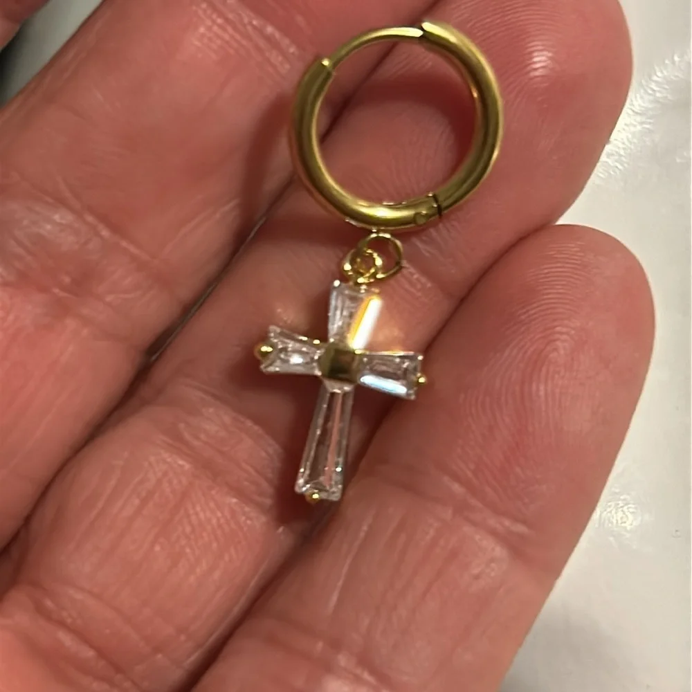 Baguette‎ Inlaid Zirconia Stainless Steel Gold Tone Dangle Cross Earrings NEW